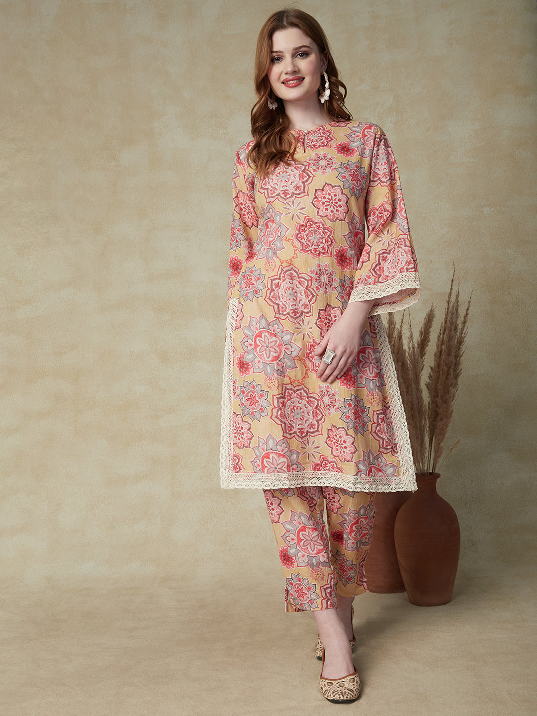 Floral & Ethnic Printed Crochet Lace Embellished Kurta with Pants - Yellow & Multi