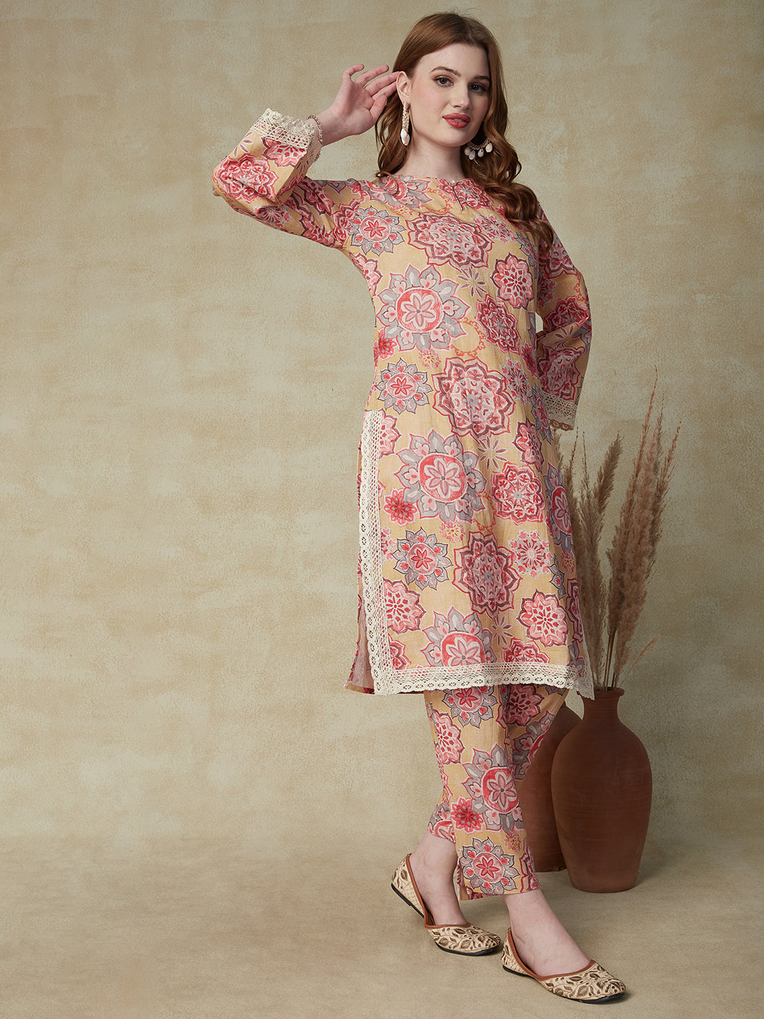 Floral & Ethnic Printed Crochet Lace Embellished Kurta with Pants - Yellow & Multi
