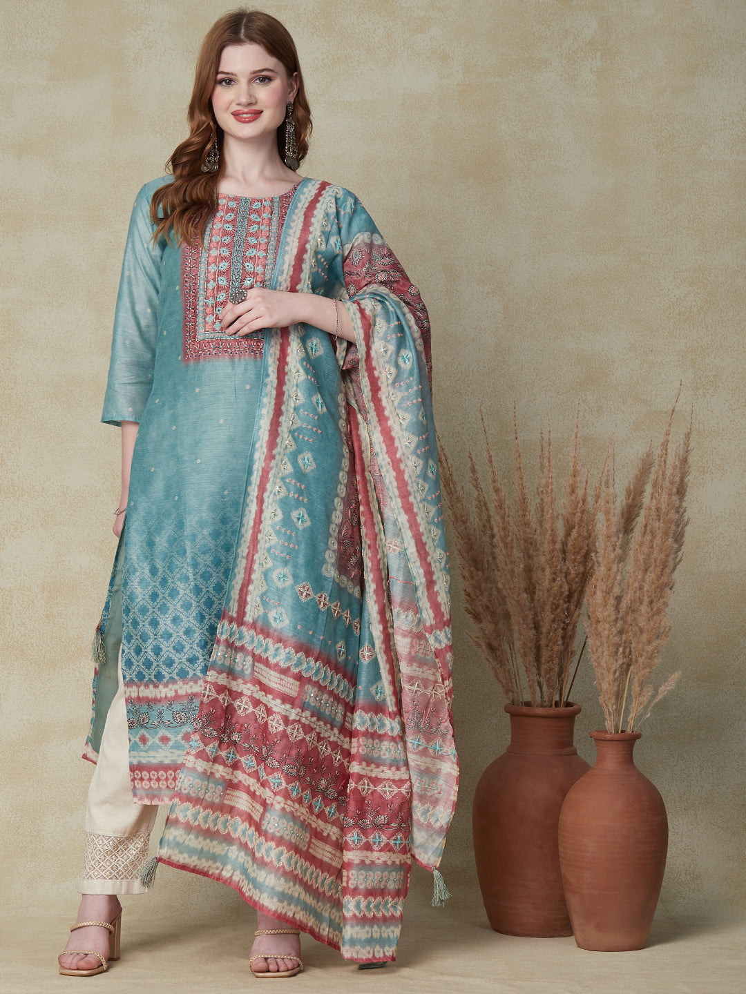 Multi Printed Resham & Sequins Embroidered Kurta with Floral Dupatta - Pastel Green