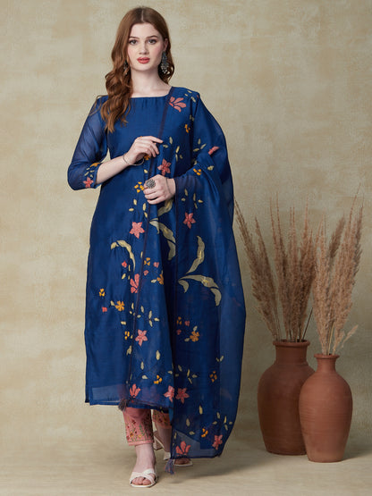 Floral Printed Resham Embroidered Kurta with Floral Dupatta - Blue