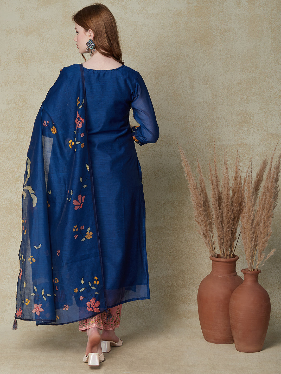 Floral Printed Resham Embroidered Kurta with Floral Dupatta - Blue
