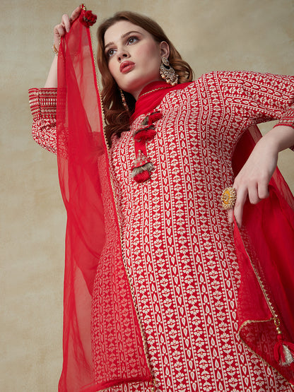 Ethnic Printed Zari Embroidered Tasseled Kurta with Salwar & Dupatta - Red