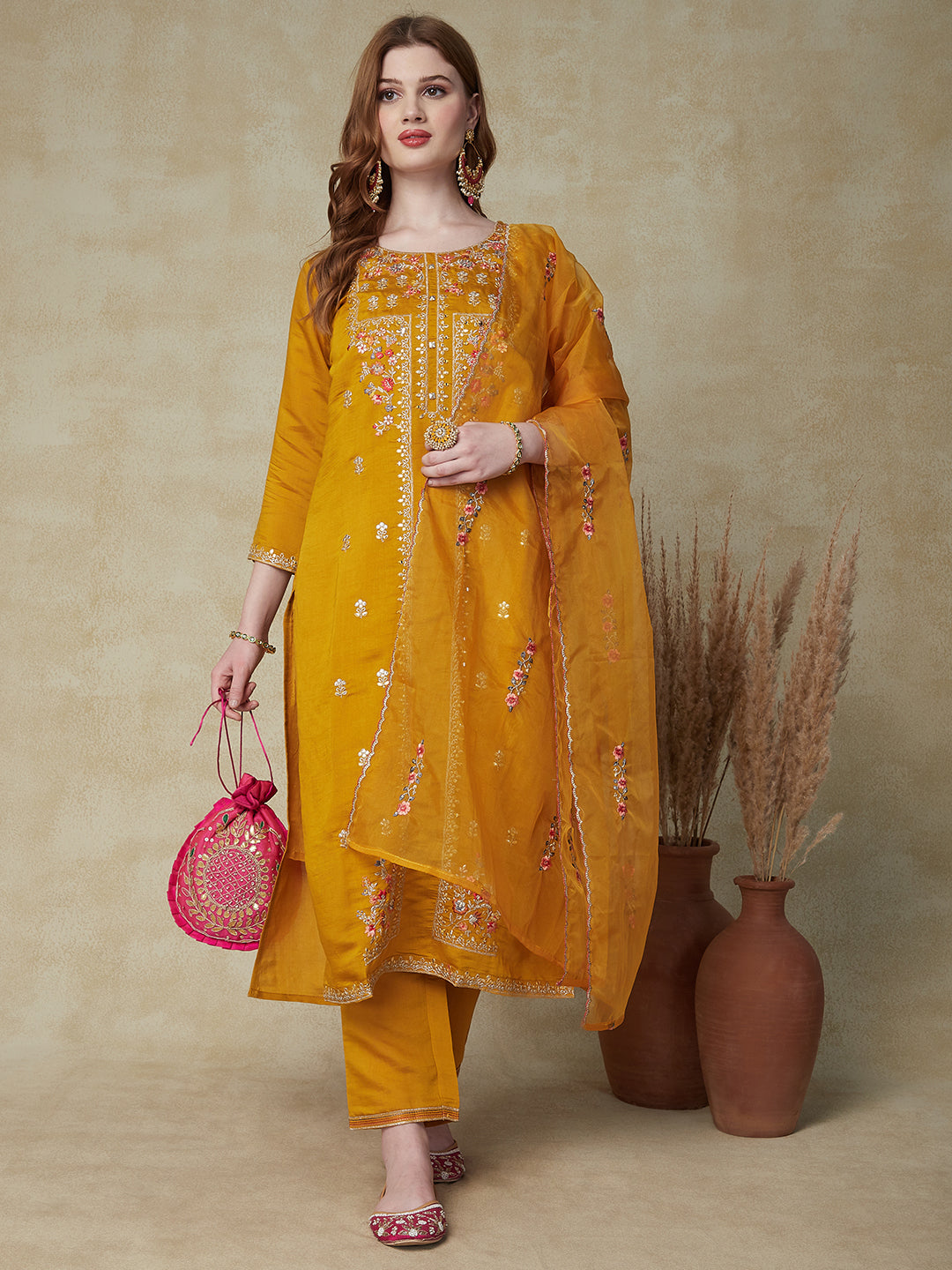 Solid Mirror, Zari & Resham Embroidered Kurta With Pants & Embroidered Dupatta - Mustard