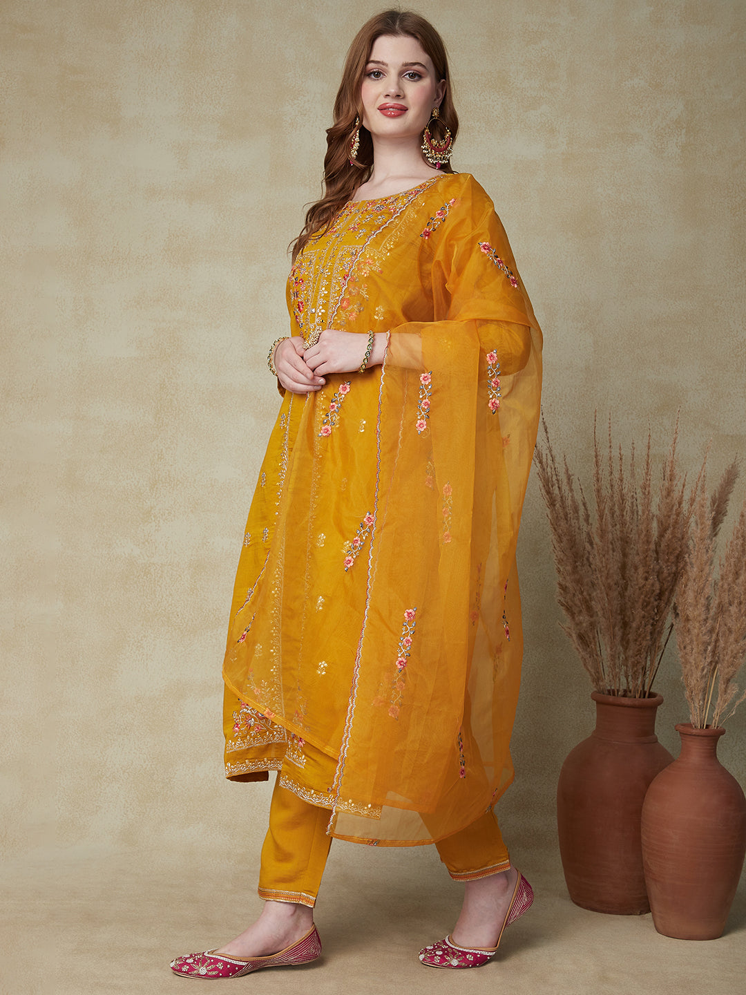 Solid Mirror, Zari & Resham Embroidered Kurta With Pants & Embroidered Dupatta - Mustard