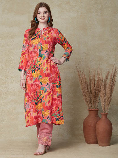 Abstract Floral Printed & Kantha Embroidered Straight Fit Kurta - Pink