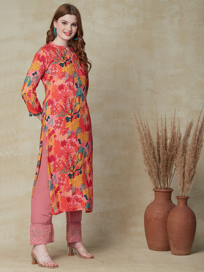Abstract Floral Printed & Kantha Embroidered Straight Fit Kurta - Pink