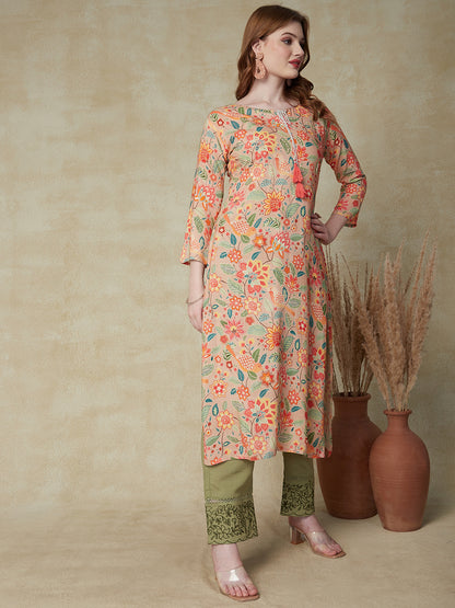 Abstract Floral Printed & Kantha Embroidered Straight Fit Kurta - Beige
