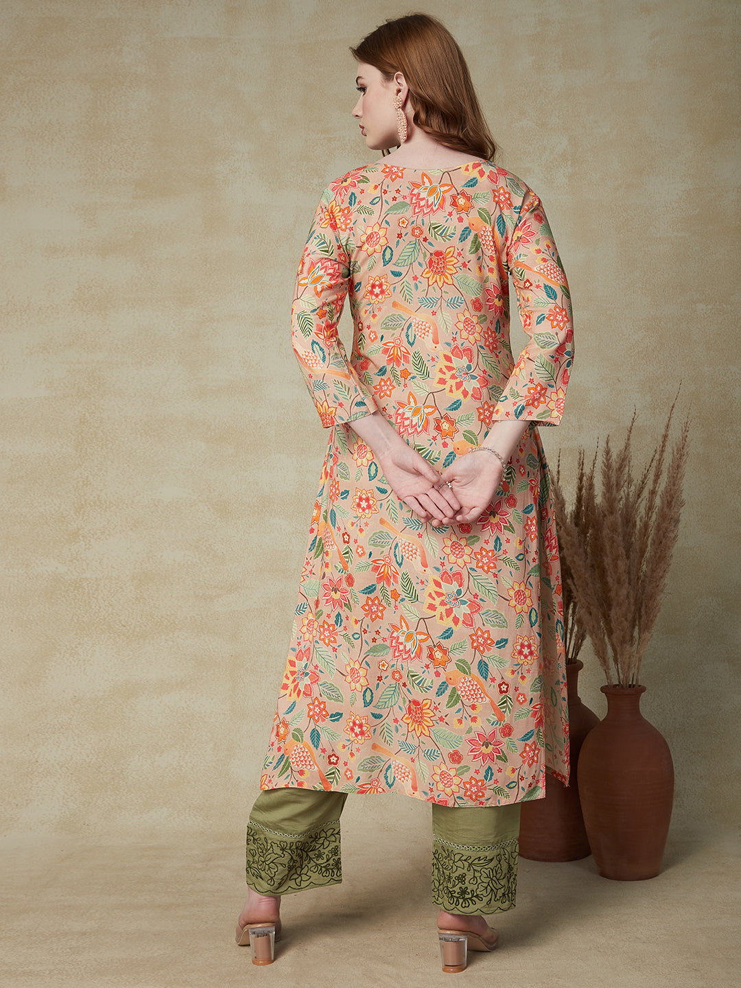 Abstract Floral Printed & Kantha Embroidered Straight Fit Kurta - Beige