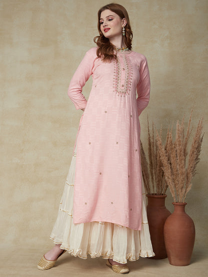 Ethnic Woven & Hand Embroidered Straight Fit Kurta - Pink