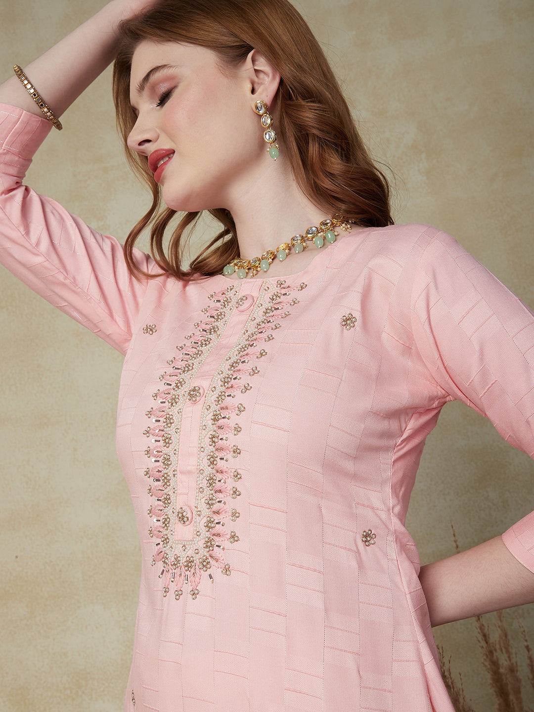 Ethnic Woven & Hand Embroidered Straight Fit Kurta - Pink