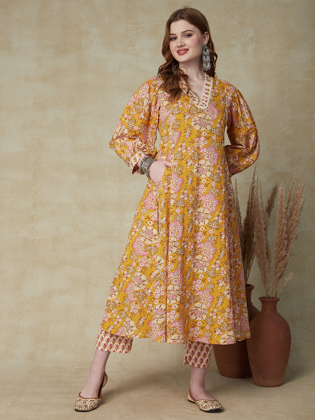 Floral Printed A-Line Paneled Kurta with Pant - Yellow