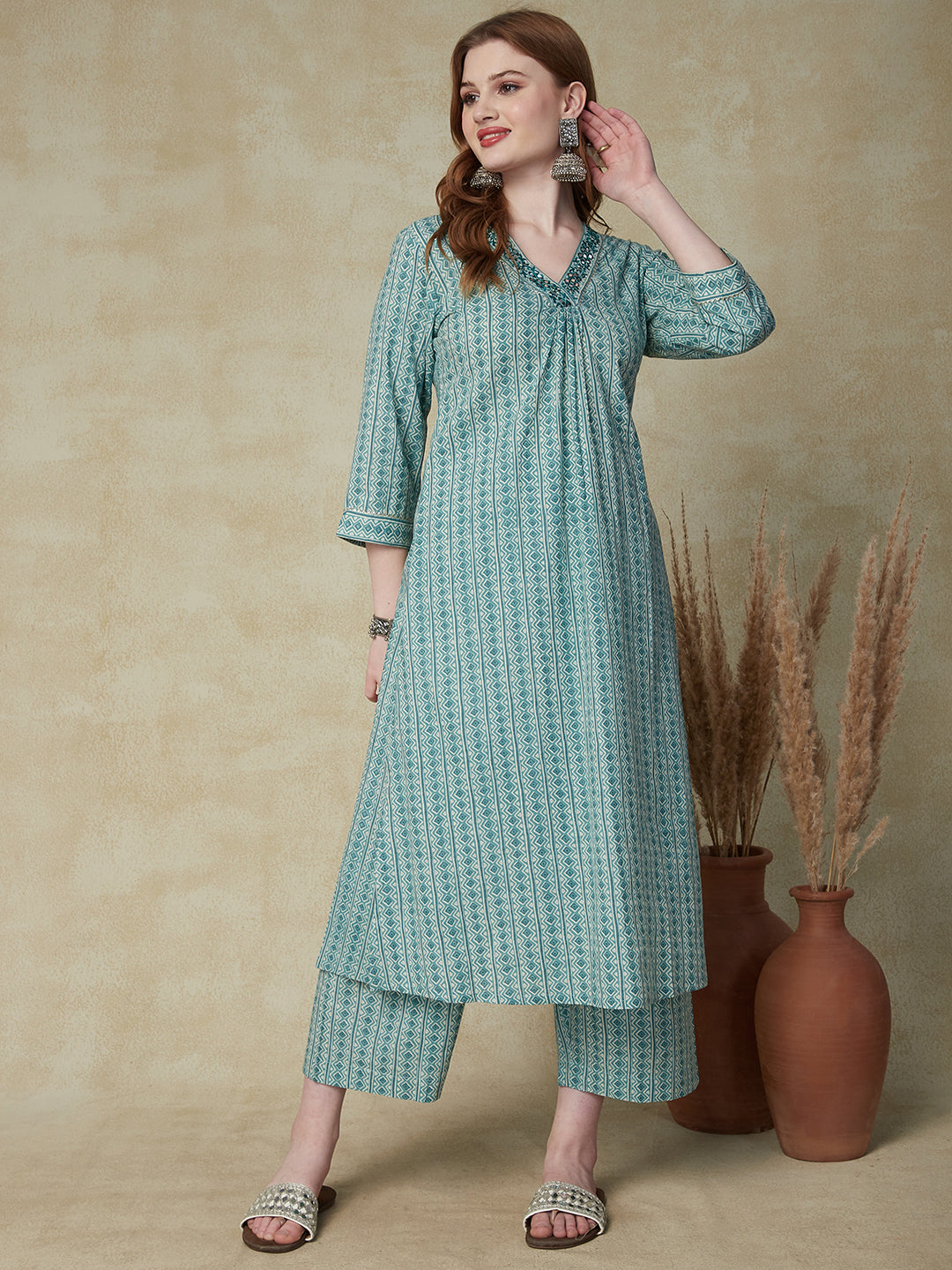 Ethnic Stripes Printed & Embroidered A-Line Kurta with Palazzo - Green
