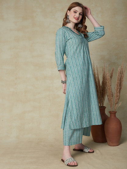 Ethnic Stripes Printed & Embroidered A-Line Kurta with Palazzo - Green