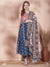 Ethnic Kutch Work Embroidered A- Line Kurta with Pant & Dupatta - Blue