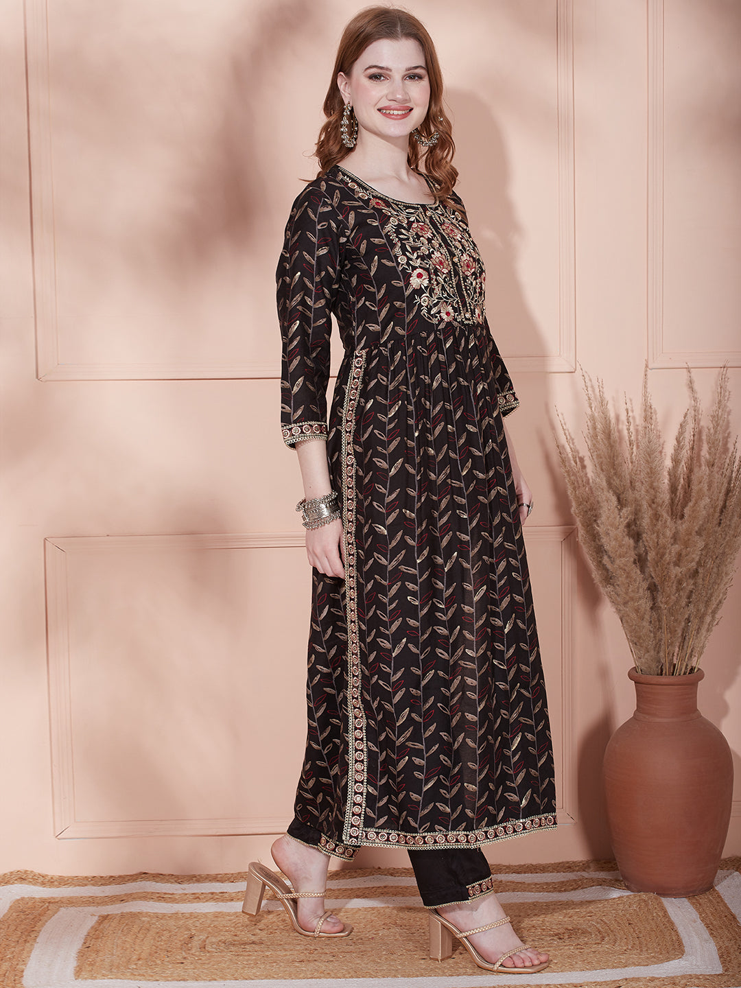 Floral Printed & Embroidered A-Line Pleated Kurta with Pant & Dupatta - Black