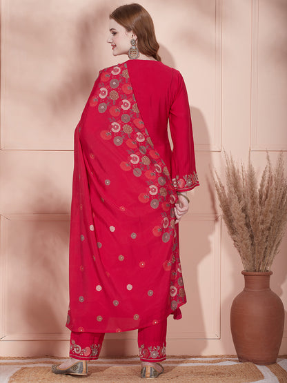 Floral Printed & Embroidered A-Line Pleated Kurta with Pant & Dupatta - Fuchsia