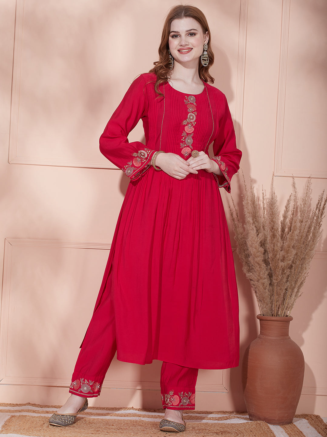 Floral Printed & Embroidered A-Line Pleated Kurta with Pant & Dupatta - Fuchsia