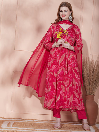 Floral Printed & Hand Embroidered A-Line Pleated Kurta with Pant & Dupatta - Pink