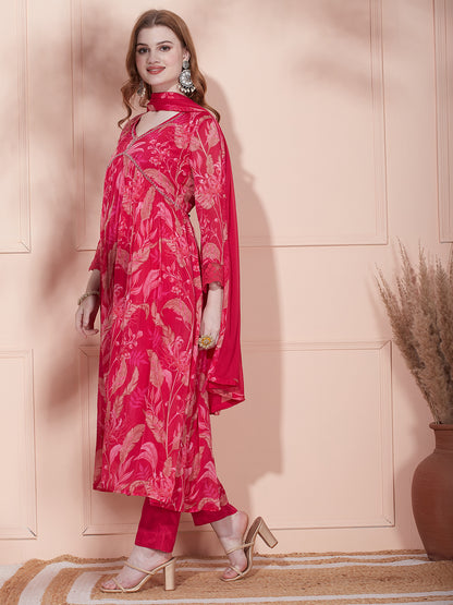 Floral Printed & Hand Embroidered A-Line Pleated Kurta with Pant & Dupatta - Pink