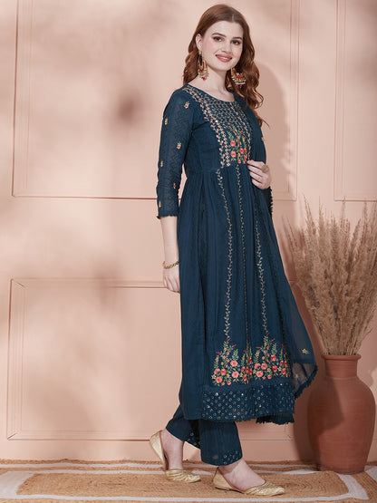 Ethnic Woven & Floral Embroidered A-Line kurta with Pant & Dupatta - Teal Green
