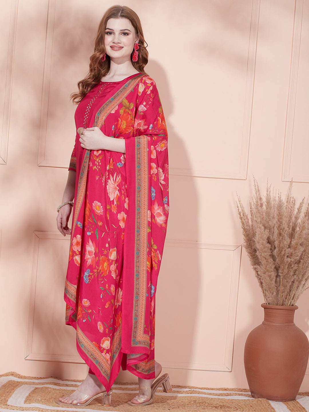 Floral Printed & Embroidered Straight Fit Kurta with Pant & Dupatta - Fuchsia