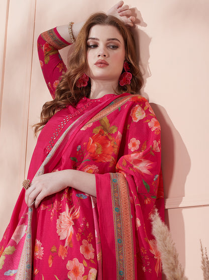 Floral Printed & Embroidered Straight Fit Kurta with Pant & Dupatta - Fuchsia