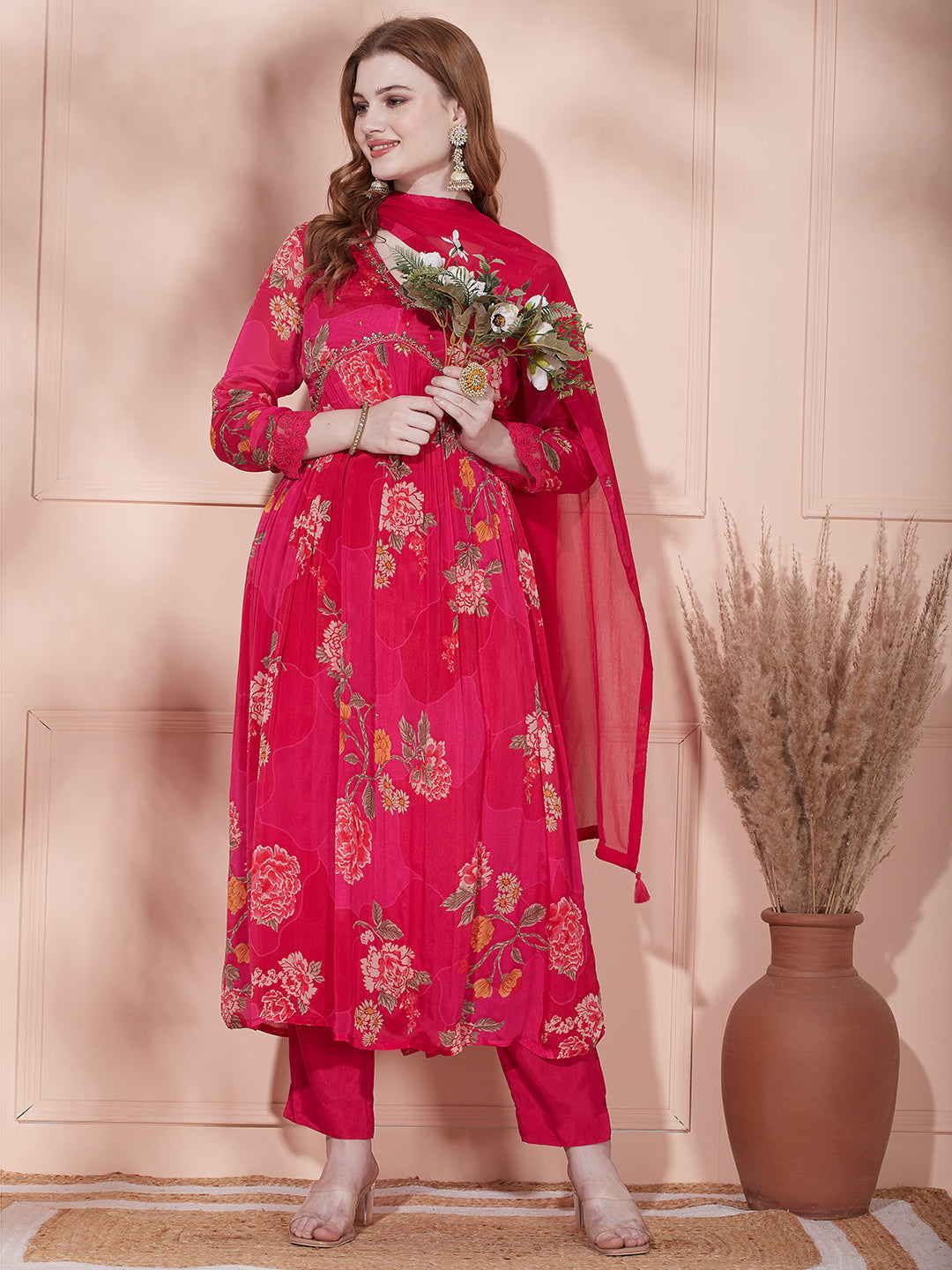 Floral Printed & Hand Embroidered A-Line Pleated Kurta with Pant & Dupatta - Fuchsia