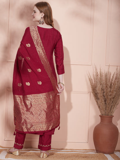 Solid Floral Hand Embroidered Straight Fit Kurta with Pant & Dupatta - Magenta
