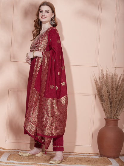 Solid Floral Hand Embroidered Straight Fit Kurta with Pant & Dupatta - Magenta