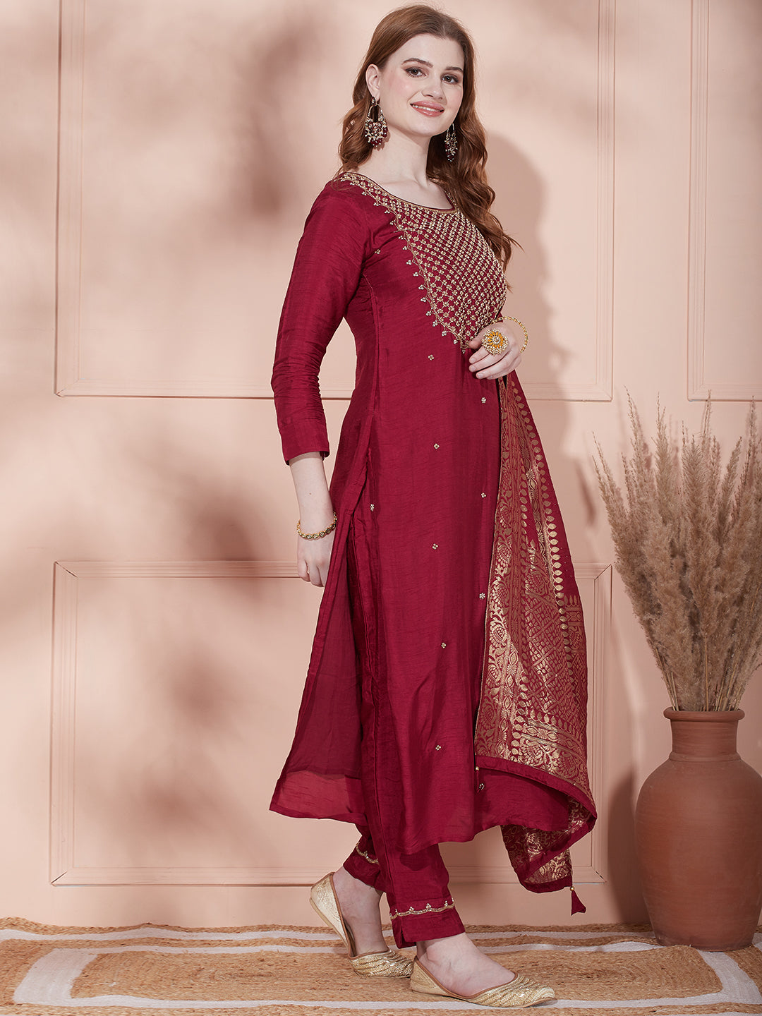 Solid Floral Hand Embroidered Straight Fit Kurta with Pant & Dupatta - Magenta