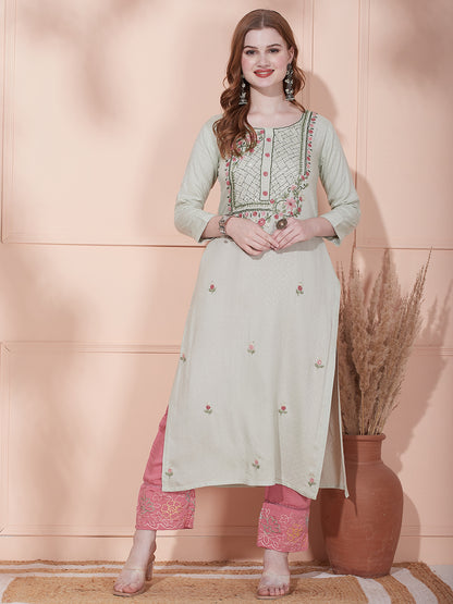 Ethnic Woven & Floral Hand Embroidered Straight Fit Kurta - Pastel Green
