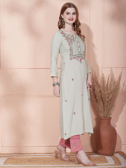Ethnic Woven & Floral Hand Embroidered Straight Fit Kurta - Pastel Green