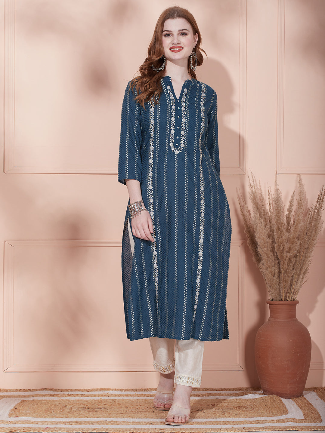 Ethnic Woven & Floral Stripes Embroidered Straight Fit Kurta - Teal Green