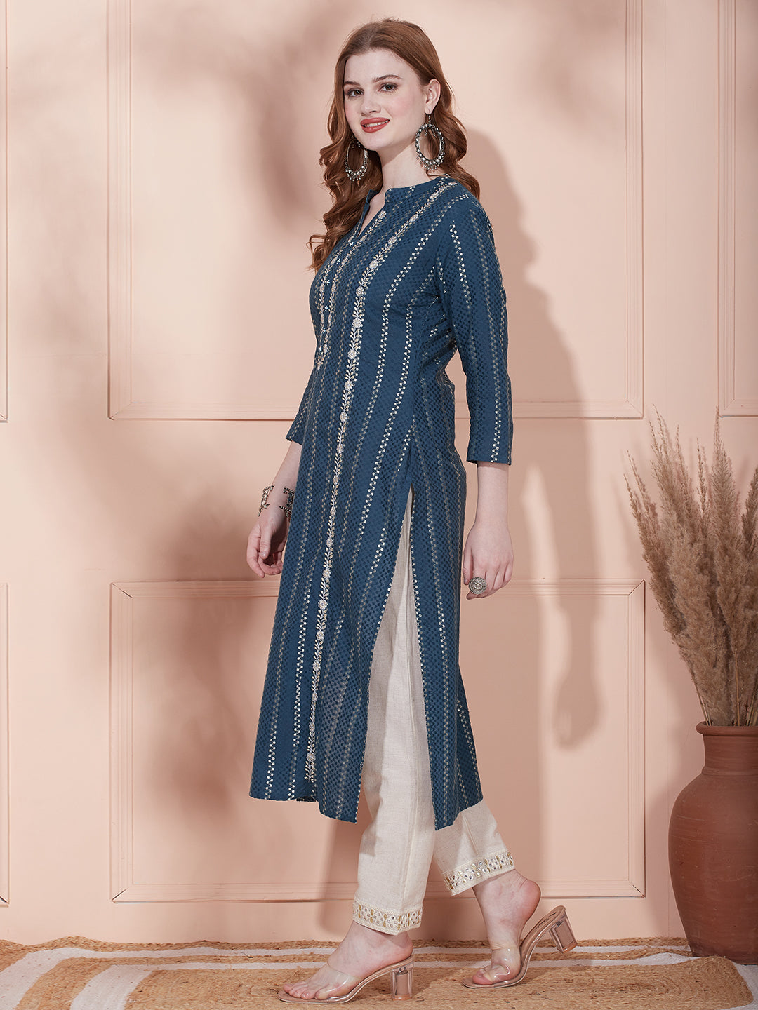 Ethnic Woven & Floral Stripes Embroidered Straight Fit Kurta - Teal Green