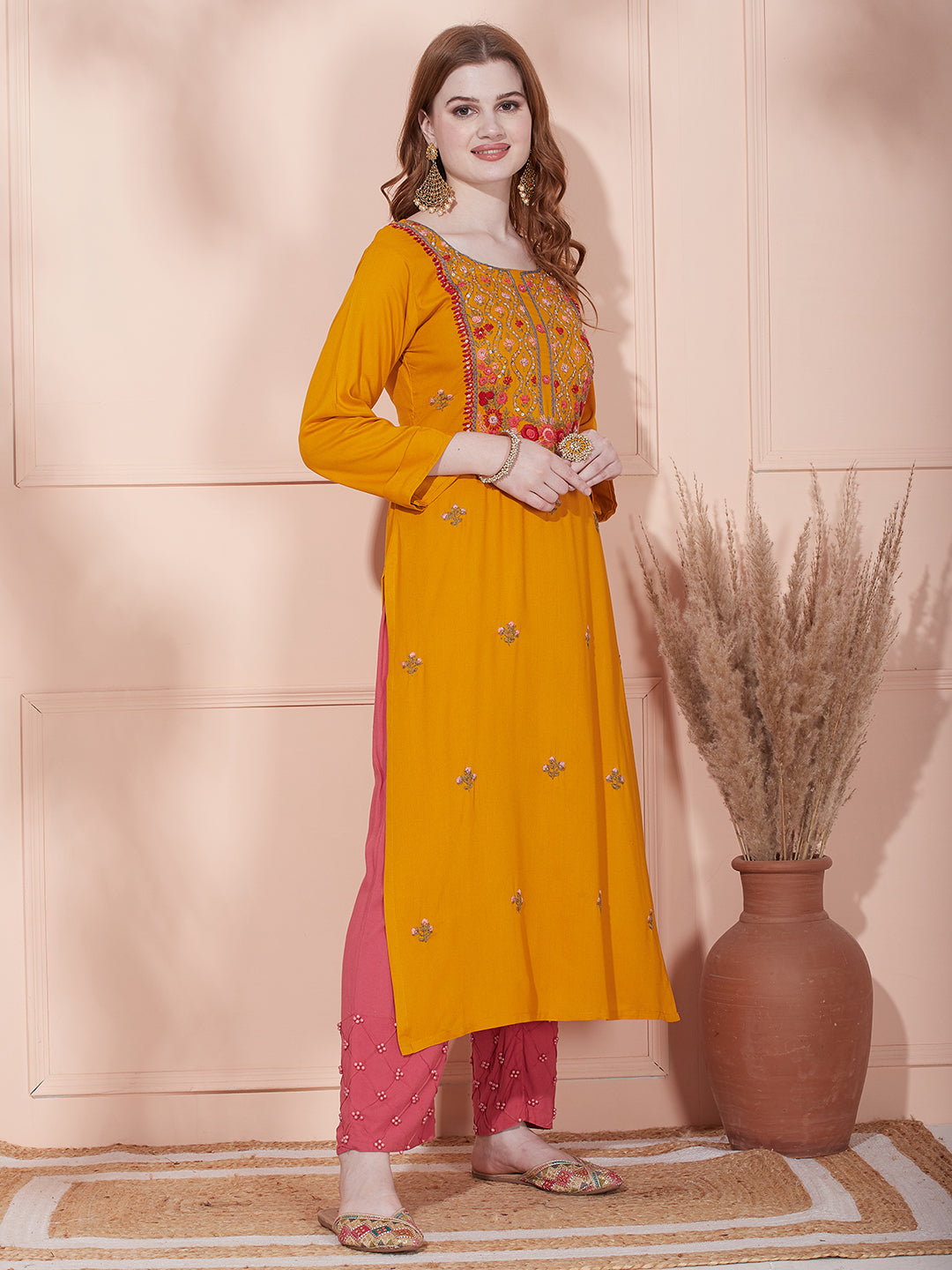 Floral Hand & Sequin Embroidered Straight Fit Kurta - Mustard