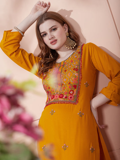 Floral Hand & Sequin Embroidered Straight Fit Kurta - Mustard
