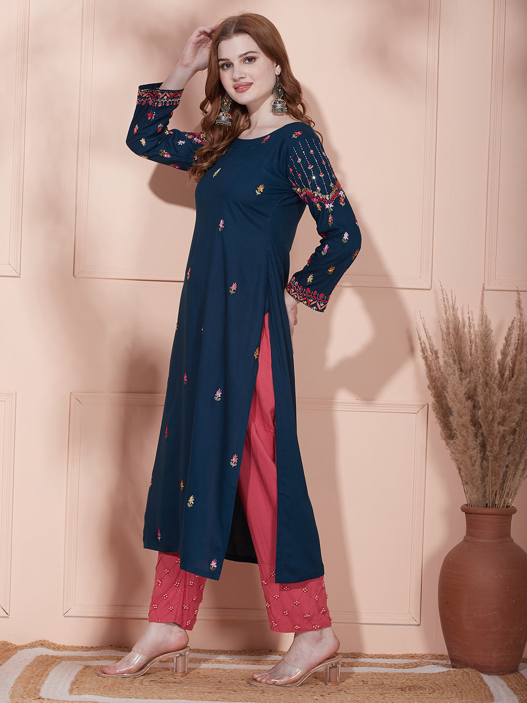 Solid Floral Hand Embroidered Straight Fit Kurta - Teal Blue