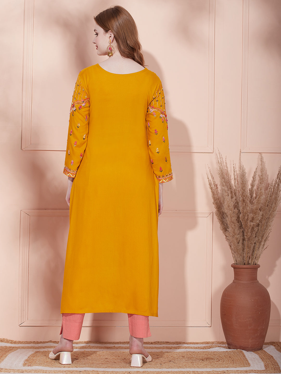 Solid Floral Hand Embroidered Straight Fit Kurta - Mustard