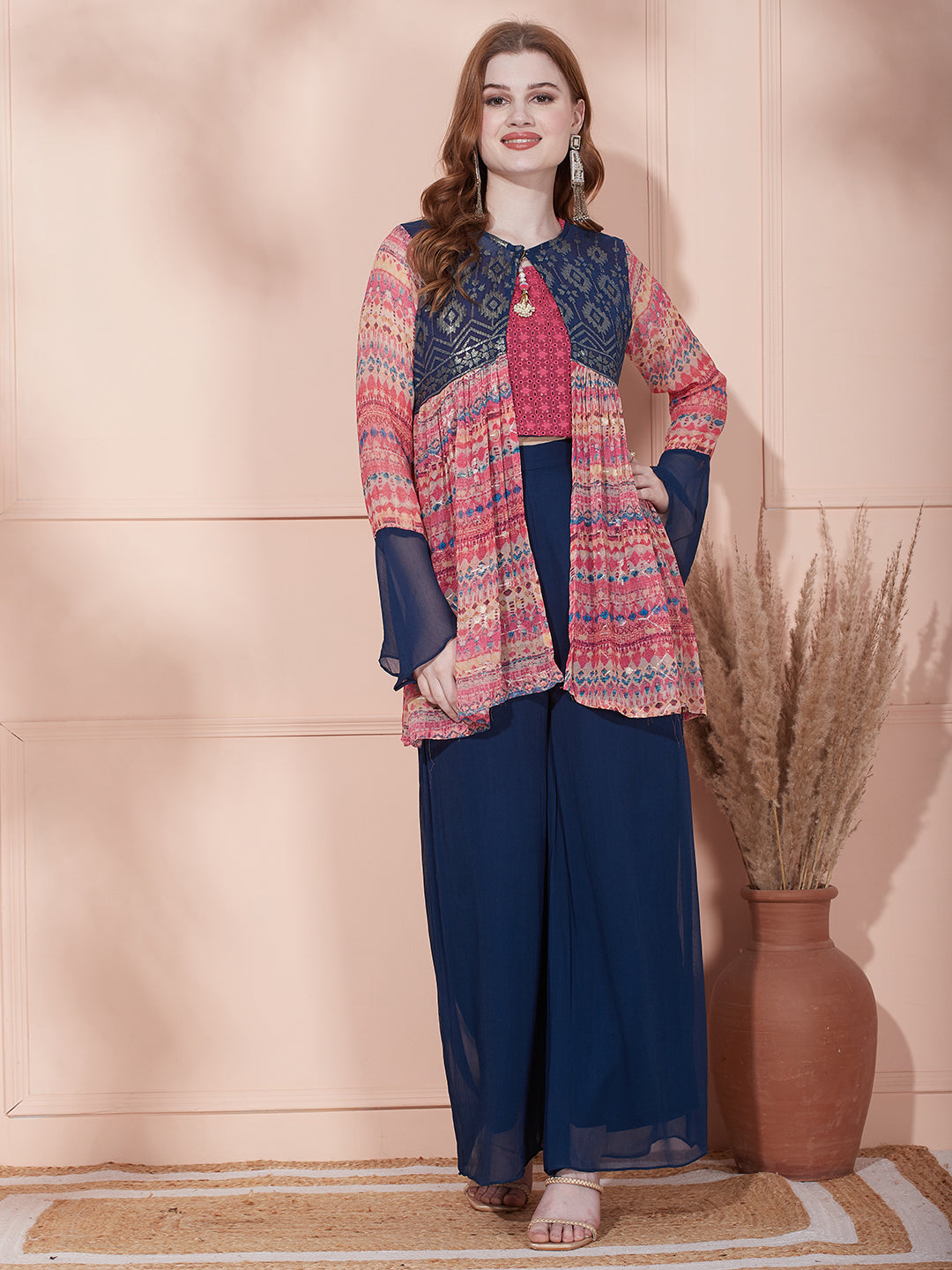 Women Printed Crop Top With Palazzo And Long Jacket, Indo Western Ethn –  azrakhkurtis