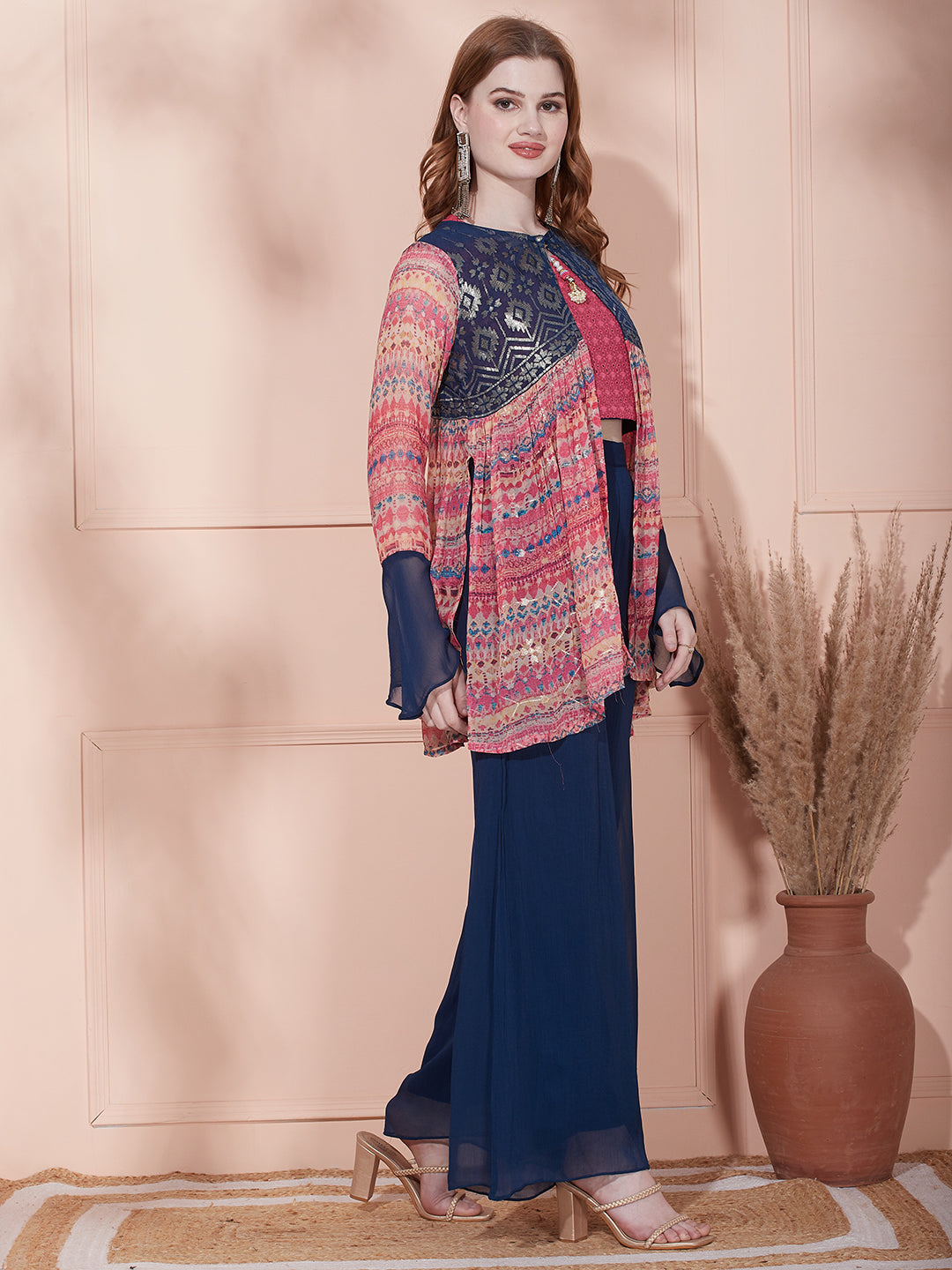 Schiffli Crop Top with Ethnic Abstract Printed Jacket & Flared Palazzo - Navy Blue