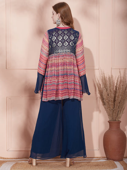 Schiffli Crop Top with Ethnic Abstract Printed Jacket & Flared Palazzo - Navy Blue