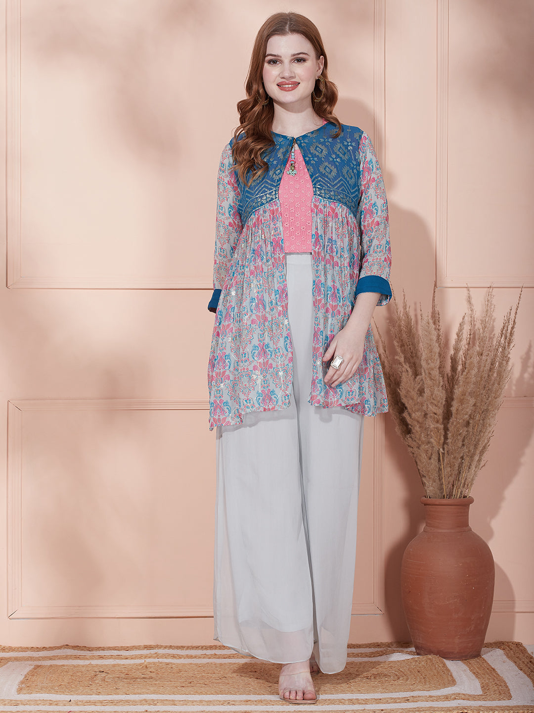 Solid Sequin Embroidered Top with Printed Jacket & Palazzo - Light Blue