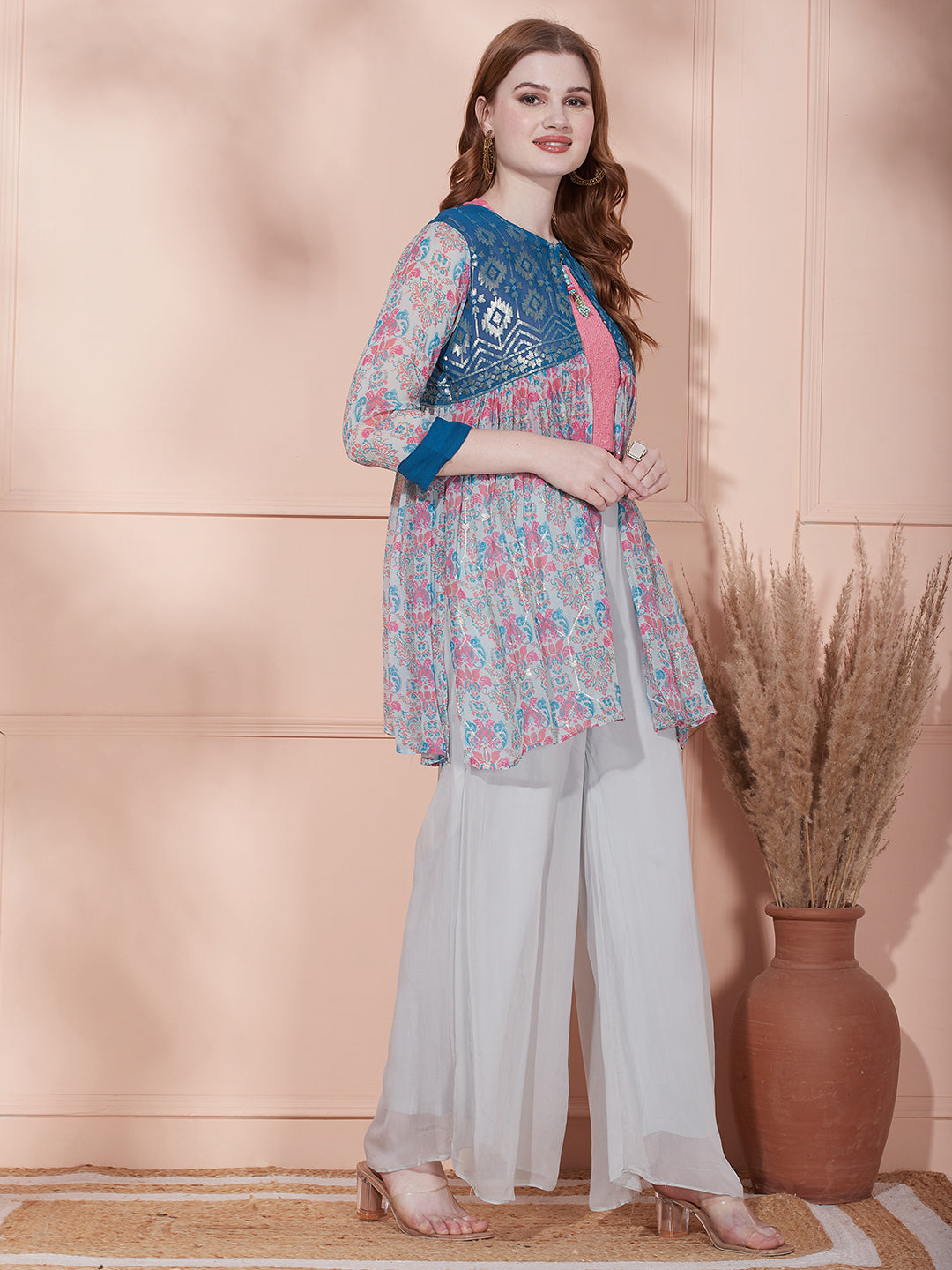 Solid Sequin Embroidered Top with Printed Jacket & Palazzo - Light Blue