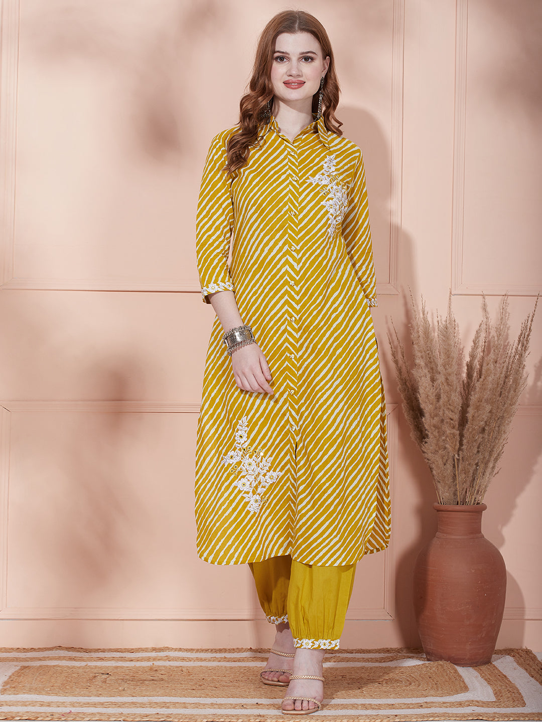 Leheriya Printed & Floral Embroidered Straight Fit Kurta with Pant - Mustard