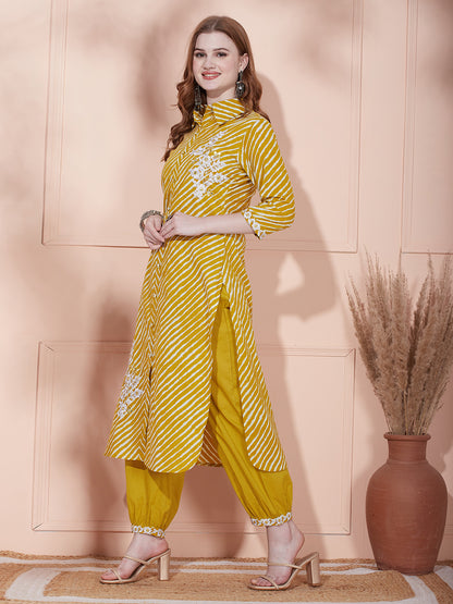 Leheriya Printed & Floral Embroidered Straight Fit Kurta with Pant - Mustard