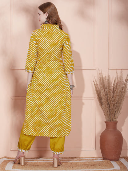 Leheriya Printed & Floral Embroidered Straight Fit Kurta with Pant - Mustard