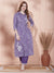 Leheriya Printed & Floral Embroidered Straight Fit Kurta with Pant - Purple