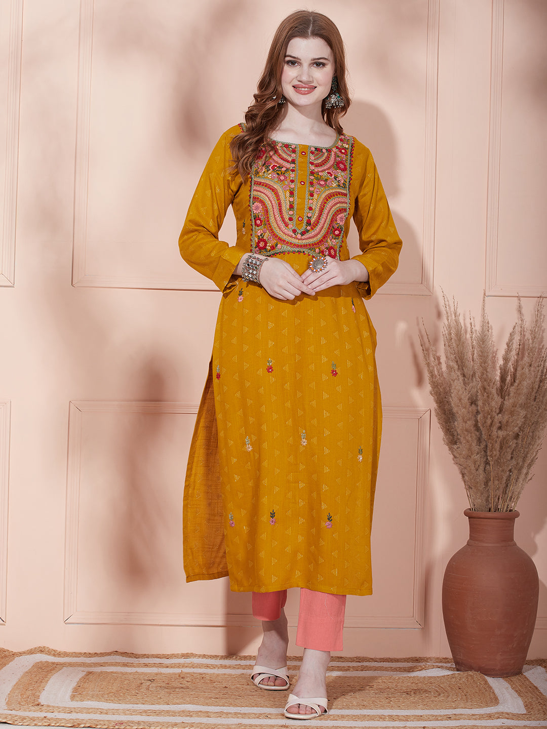 Solid Ethnic Woven & Floral Embroidered Straight Fit Kurta - Mustard