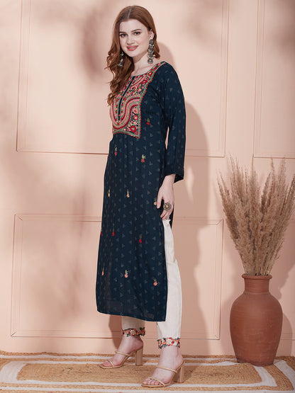 Solid Ethnic Woven & Floral Embroidered Straight Fit Kurta - Teal