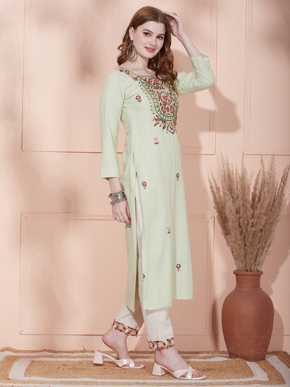Ethnic Woven & Floral Hand Embroidered Straight Fit Kurta - Light Green